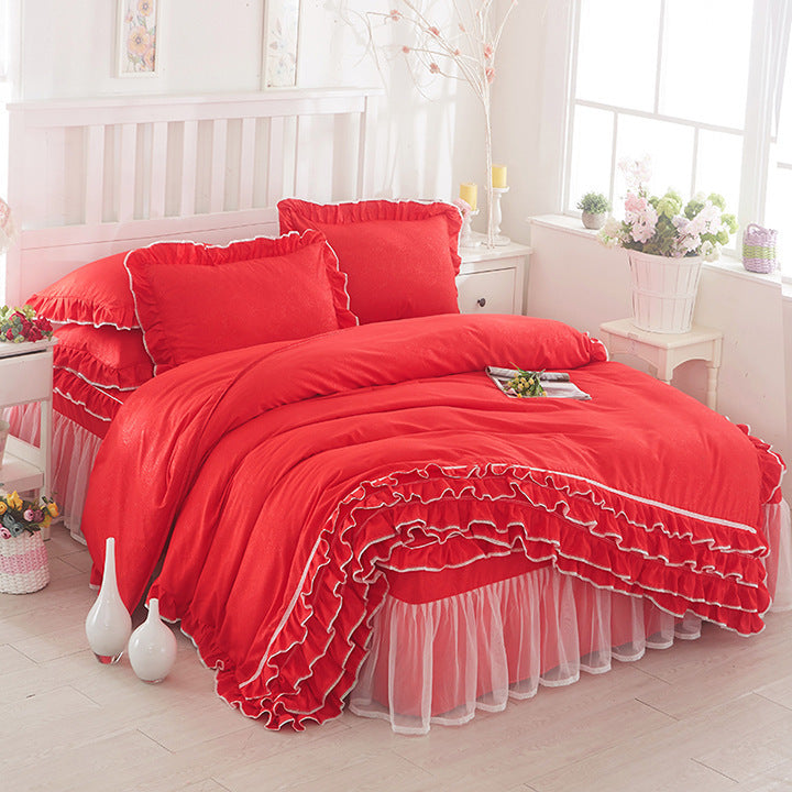 Princess Girls' Lace Bed Skirt-style, Duvet Cover 4pc Set, Solid Color Lace, Comes In Multiple Colors