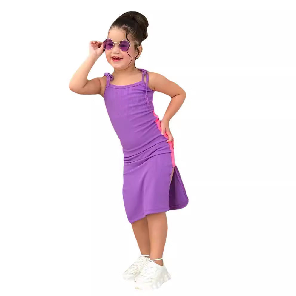 New Children's European & American Leisure Sunken Stripe Sleeveless Sling Dress