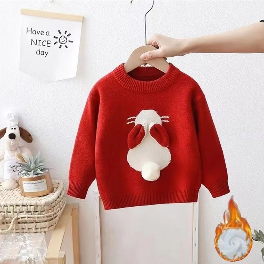 Girls' Knitted Fleece-Lined Rabbit Sweater