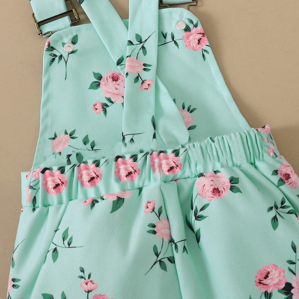 Short Sleeve Flounced Sleeve T-shirt Floral Suspender Pants Suit