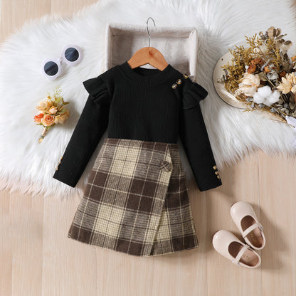 Girls' Elegant Long Sleeve Blouse & Asymmetrical Skirt Set