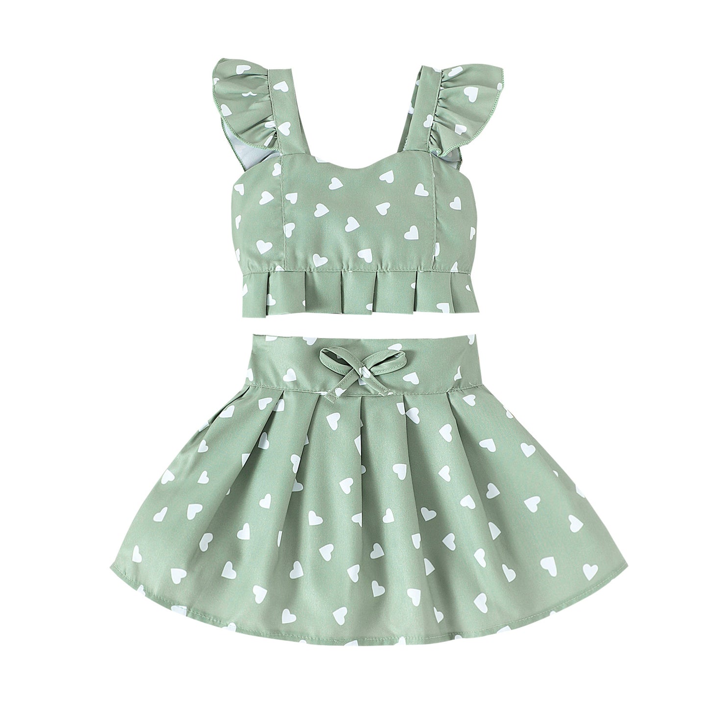 Girls' Flounced Sleeve Printed Strappy Bow Pleated Skirt Two-piece Set