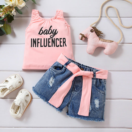 Letter Vest Denim With Hole Shorts Two-piece Set