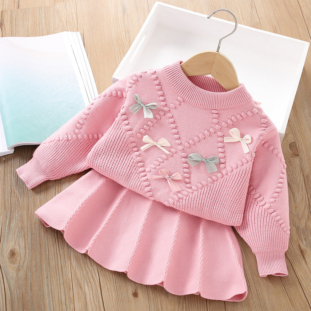 Girls Sweater Suit Autumn Little Girl Flower Long Sleeve Two-piece Skirt