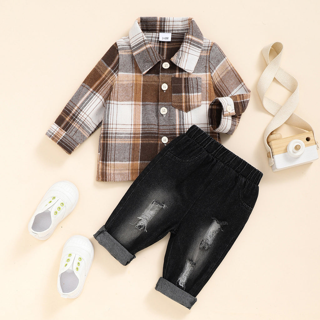 Boys' Plaid Shirt & Denim Pants 2pc Set
