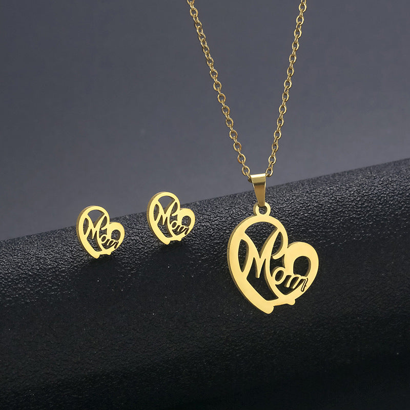 Fashion Jewelry Stainless Steel Heart-shaped Mom Necklace And Earring Set