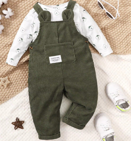 Baby Boy Long Sleeve Romper Corduroy Suspender Pants 2pc Set