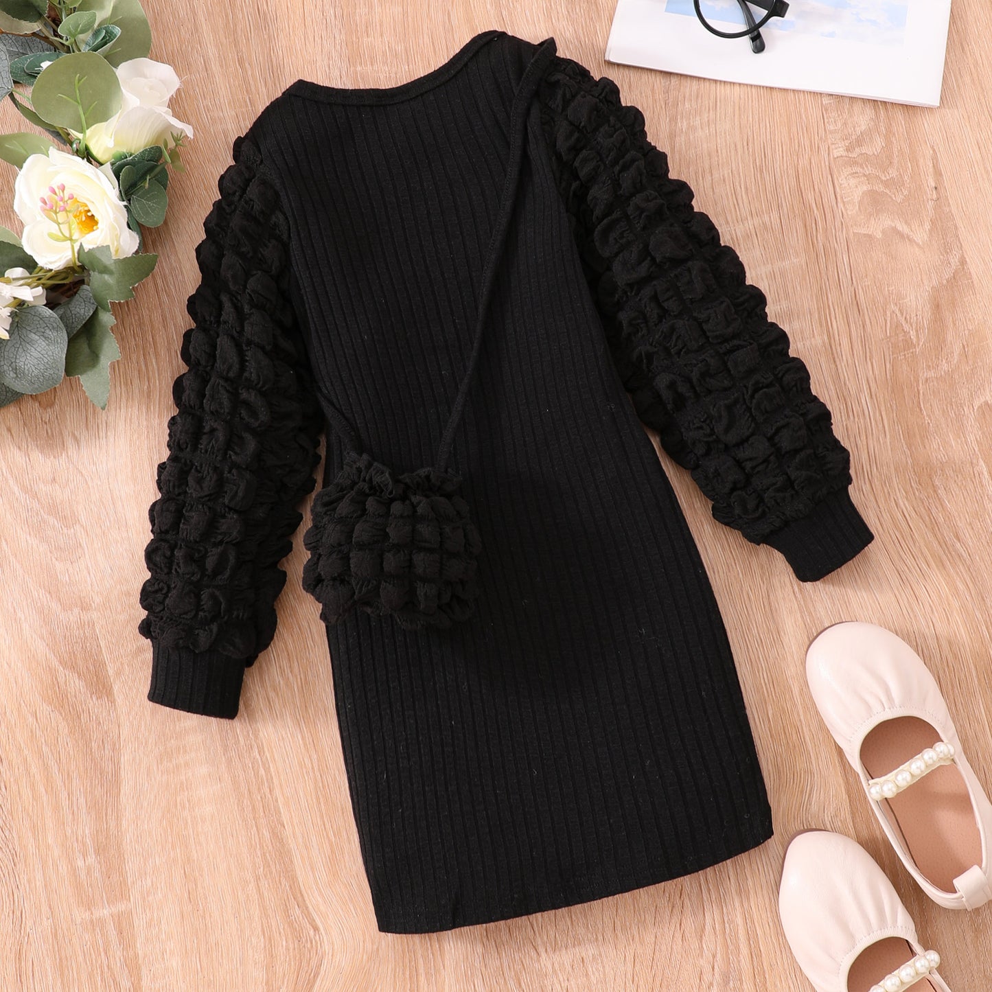 Girl Long-sleeved Bubble Sleeve Sunken Stripe Solid Color Dress
