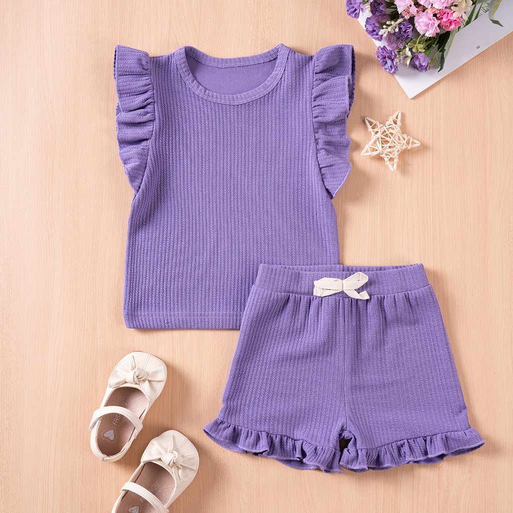 Girls' Summer Solid Colour Casual Flounced Sleeve Shorts Set