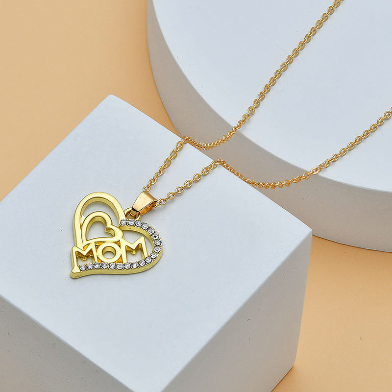 Mom Heart Shape With Diamond Letter Necklace, Gift For Mom