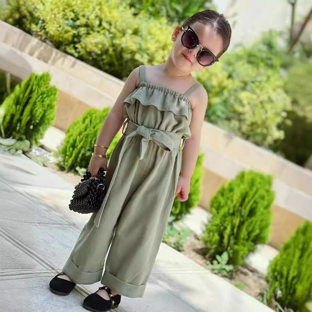 Girls' Solid Color Sleeveless Lace-up Waist Jumpsuit Wide-leg Pants