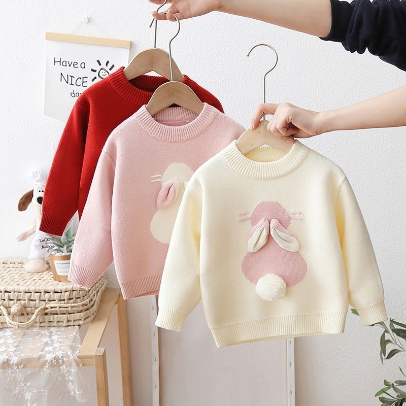 Girls' Knitted Fleece-Lined Rabbit Sweater