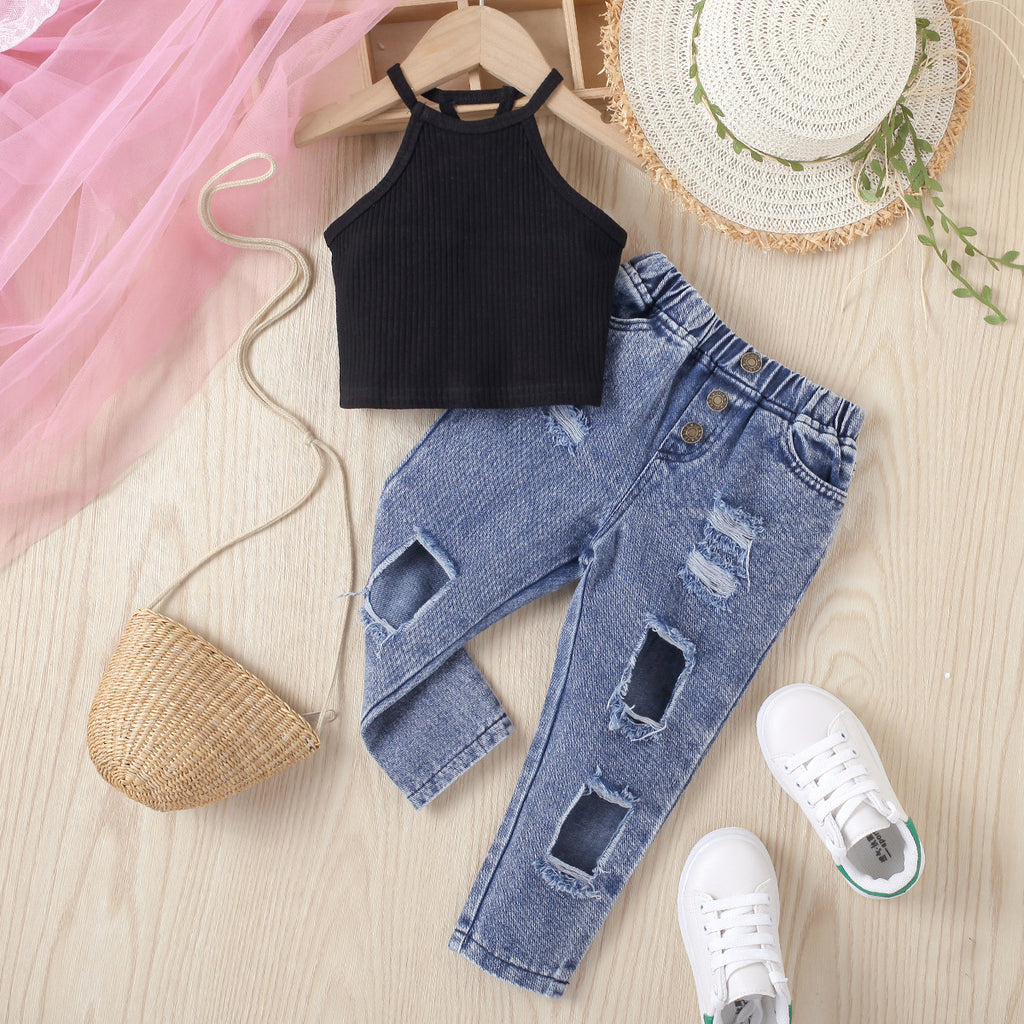 Girls' Solid Color Halter Top Denim Pants 2pc  Set