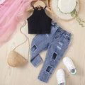 Girls' Solid Color Halter Top Denim Pants 2pc  Set