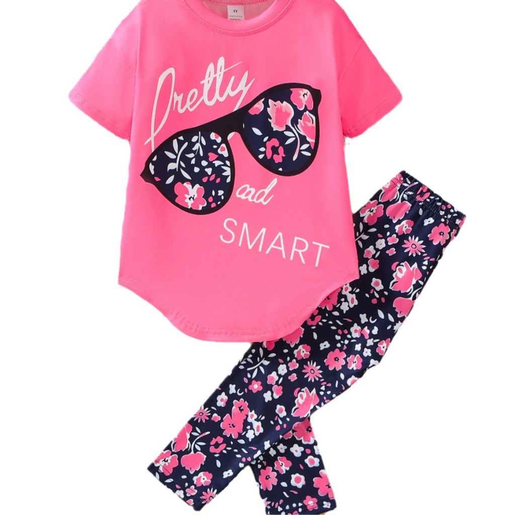 Girls Heat Transfer Patch Short Sleeve Round Neck Top Casual Pants Suit