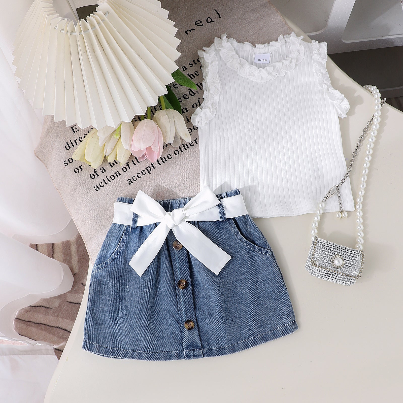 Girls' Summer Denim Skirt Belt Baby Toddler 3pc Set