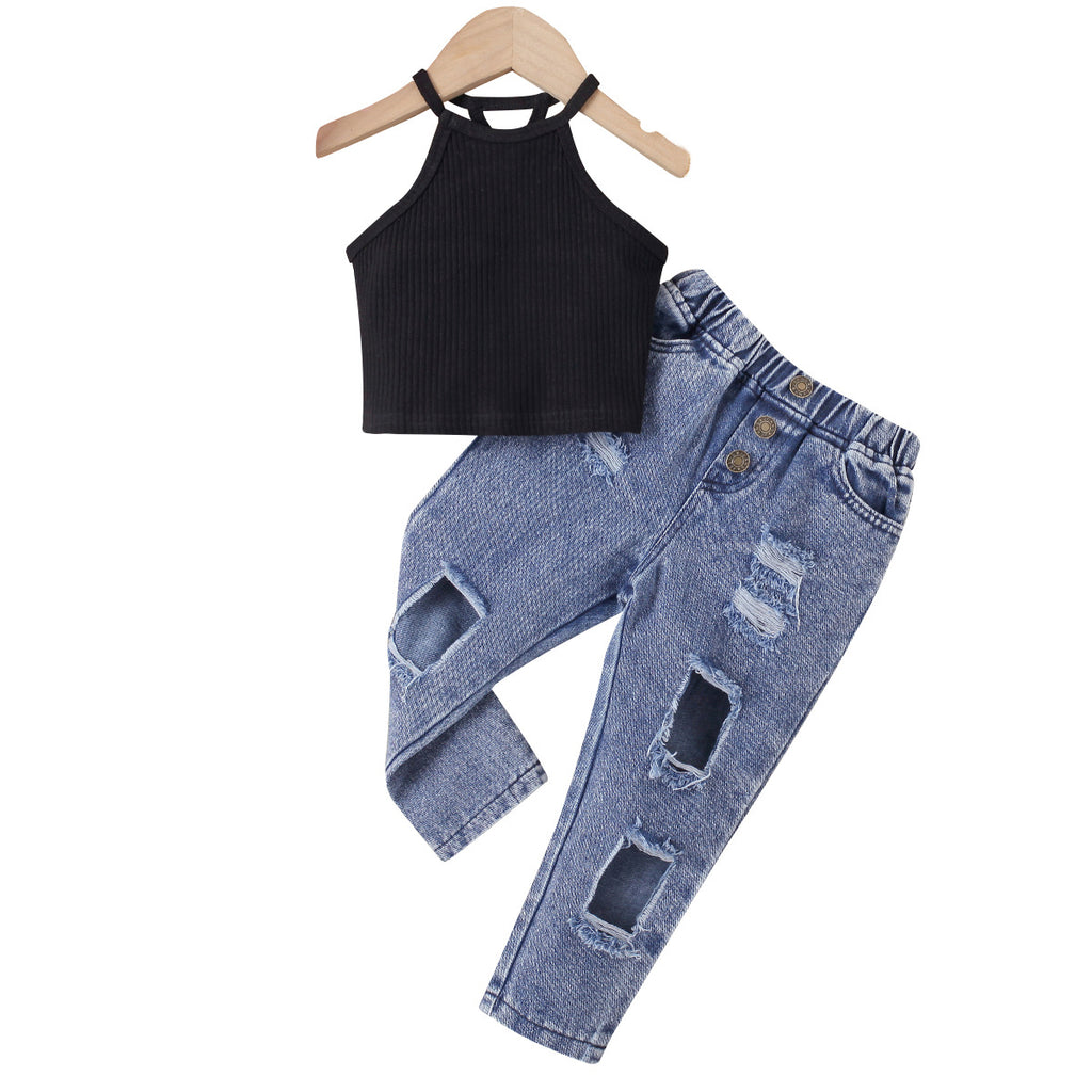 Girls' Solid Color Halter Top Denim Pants 2pc  Set