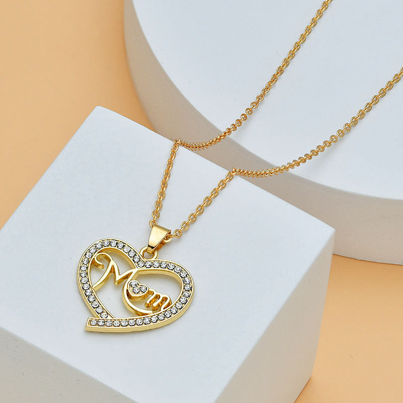 Mom Heart Shape With Diamond Letter Necklace, Gift For Mom