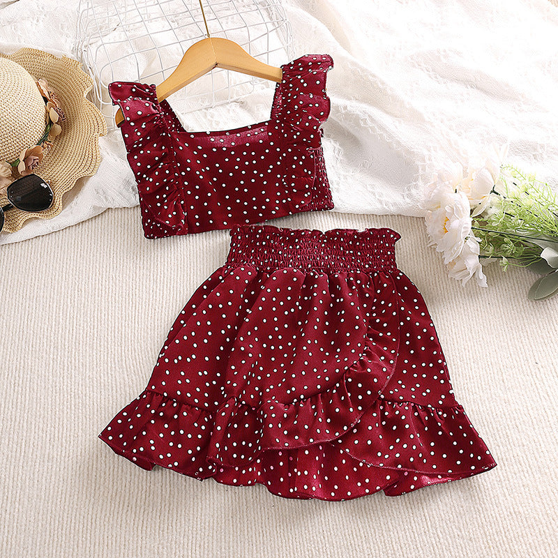 Girls' Suit Polka Dot Brace Top Lace Skirt Two-piece Set
