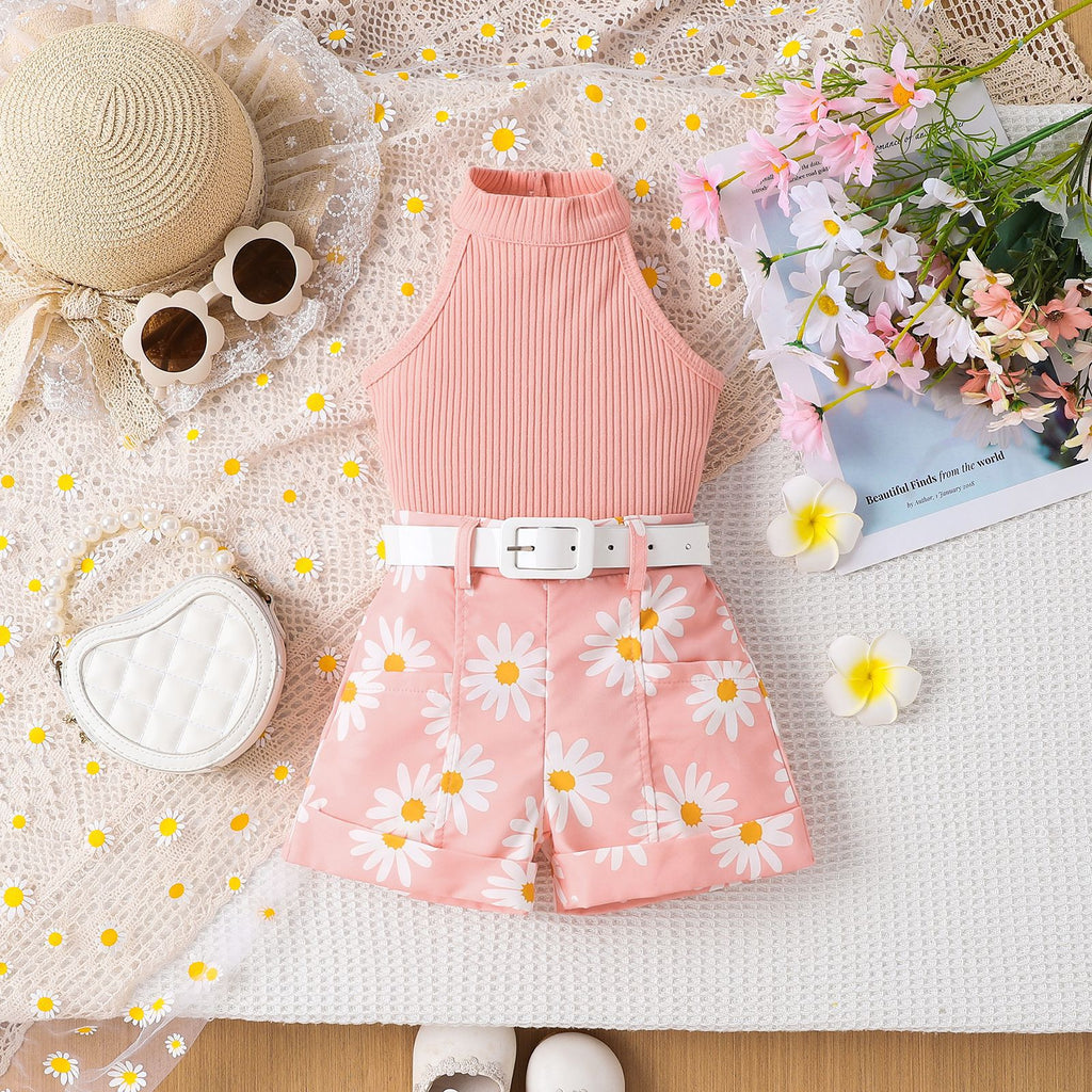 Girl's Pure Color Halter Top Printed Shorts & Belt Set