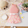 Girl's Pure Color Halter Top Printed Shorts & Belt Set
