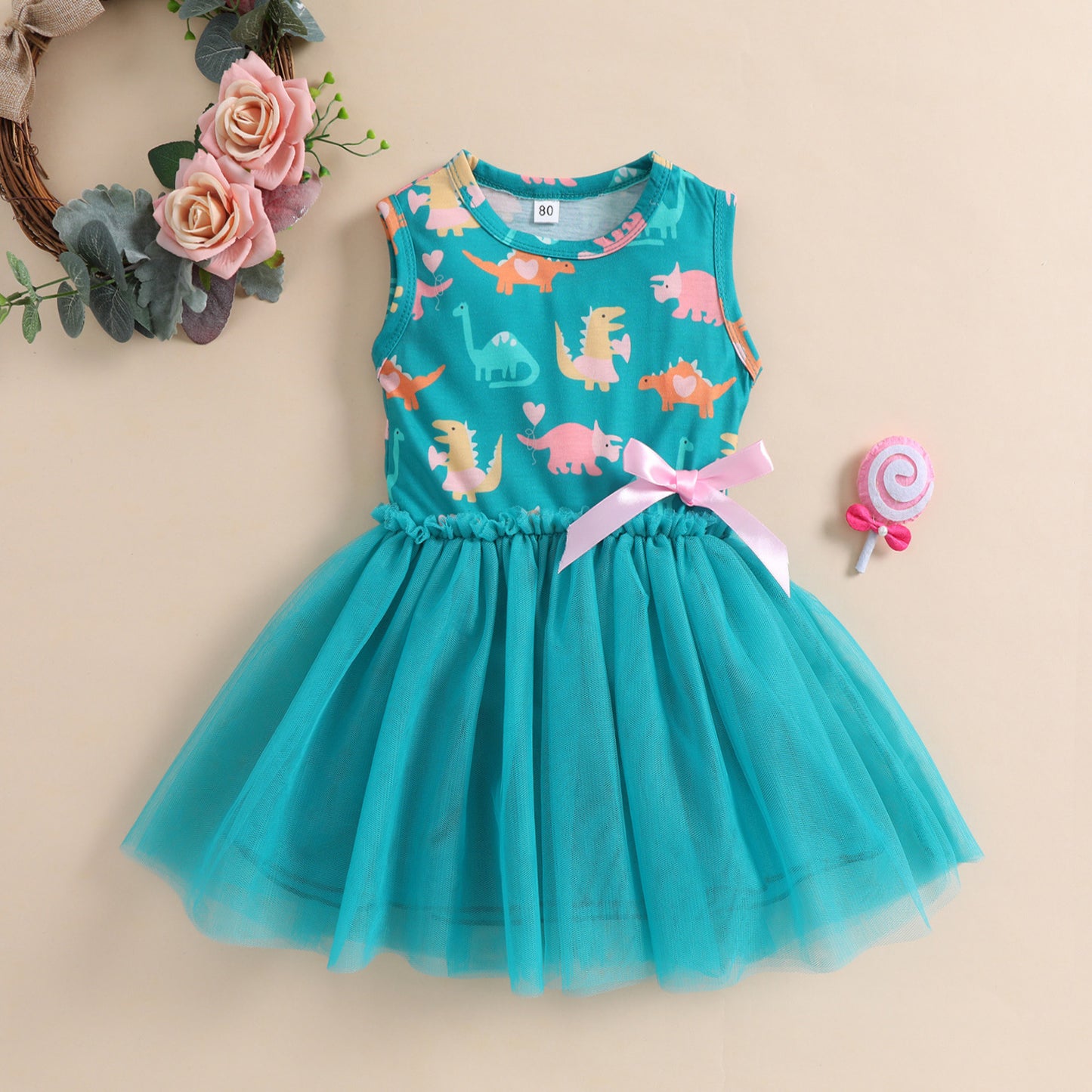 Girls Dress Dinosaur Printed Mesh Bow