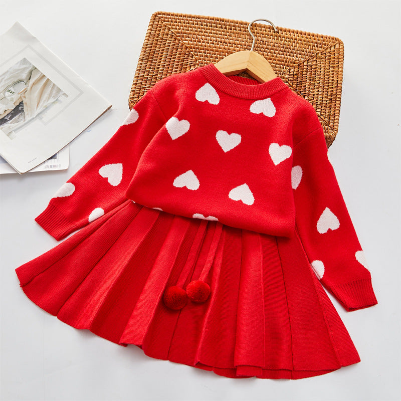 Girls' Love Sweater Pullover Pleated Skirt Set