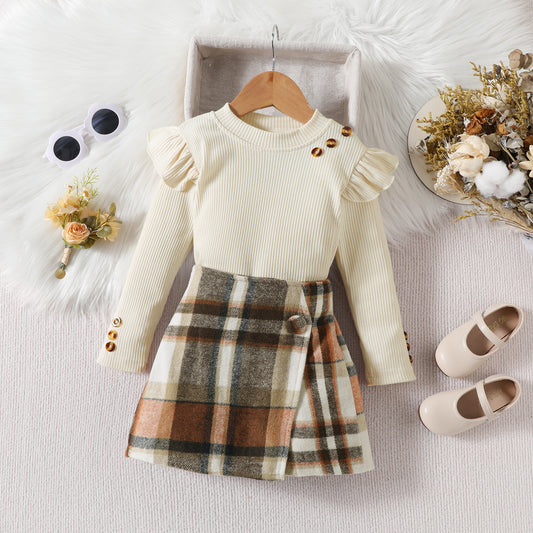 Girls' Elegant Long Sleeve Blouse & Asymmetrical Skirt Set