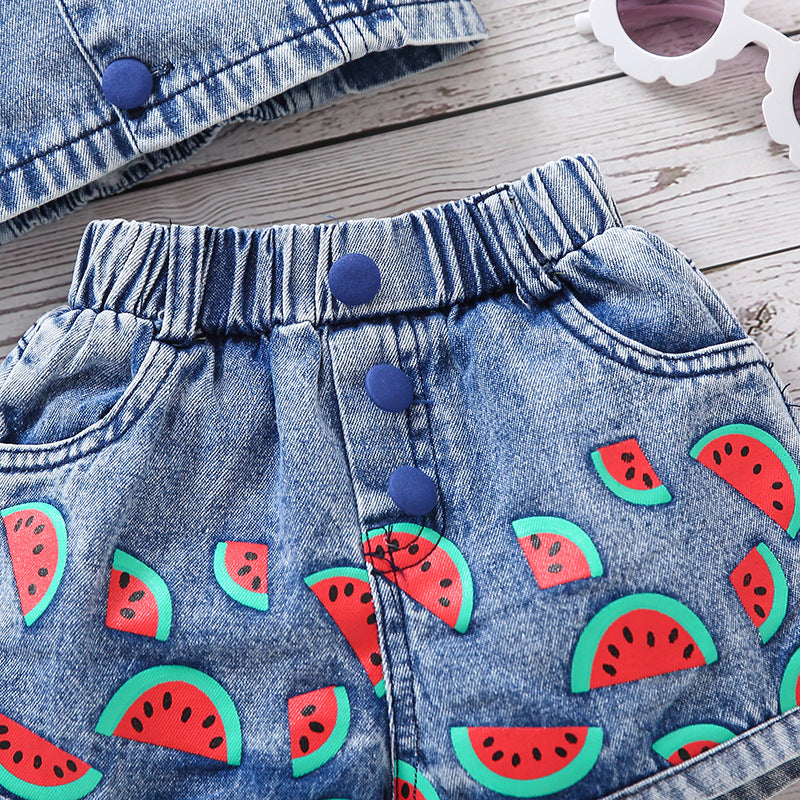 Girls' Denim Camisole Watermelon Shorts Suit