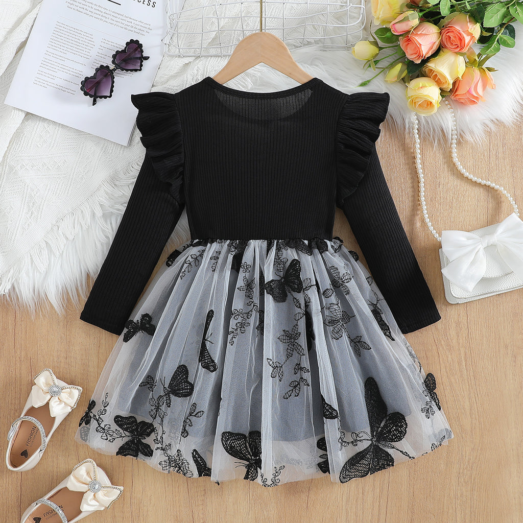 Girls' Black Butterfly Fashion Mesh Dress