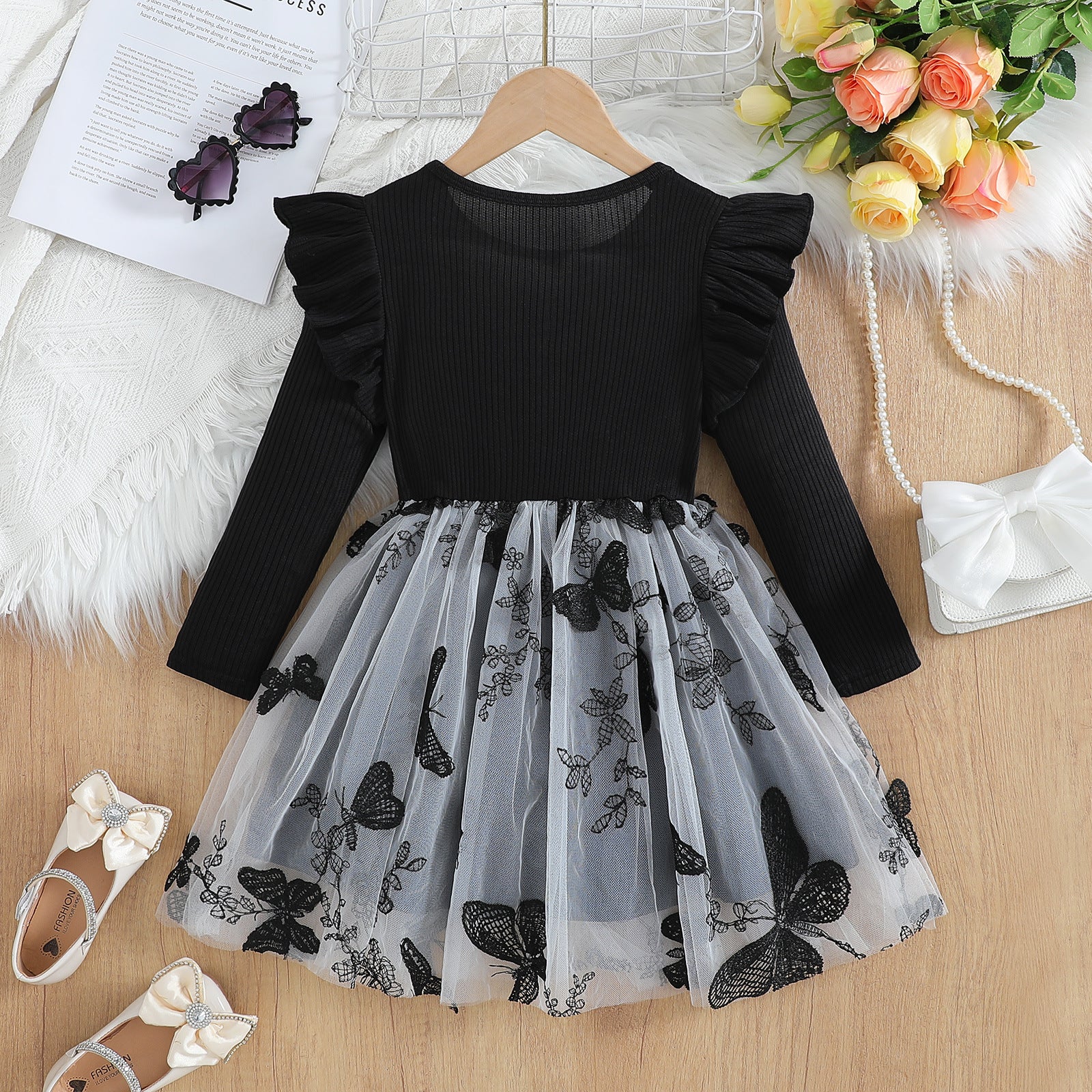 Girls' Black Butterfly Fashion Mesh Dress