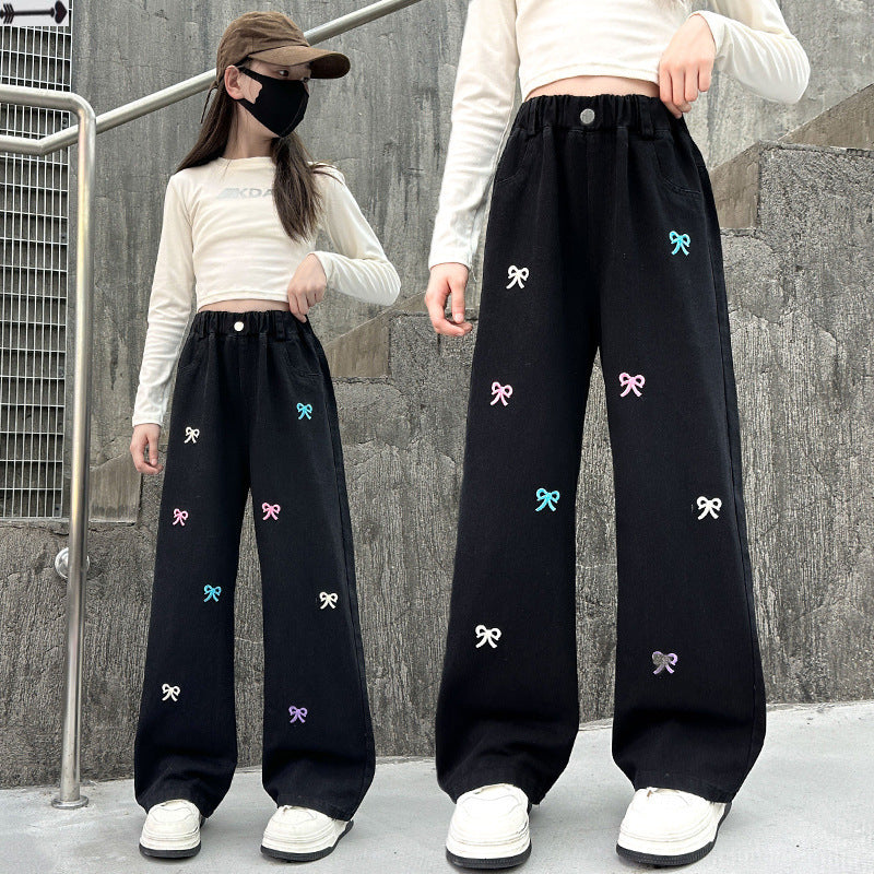 Western Style Wide-leg Pants, Girls' Autumn Straight Jeans