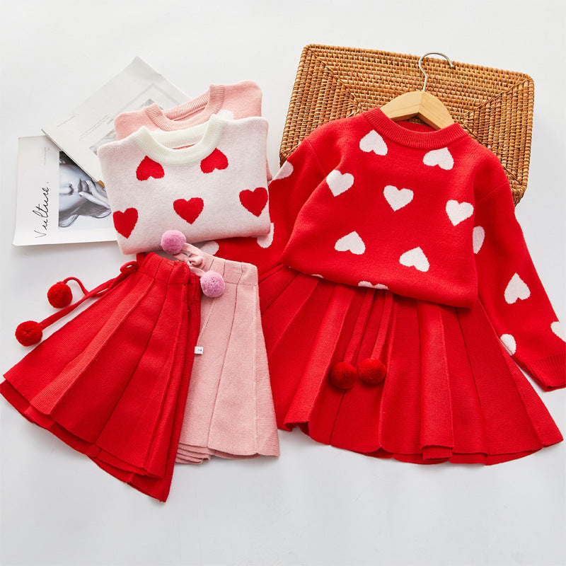 Girls' Love Sweater Pullover Pleated Skirt Set
