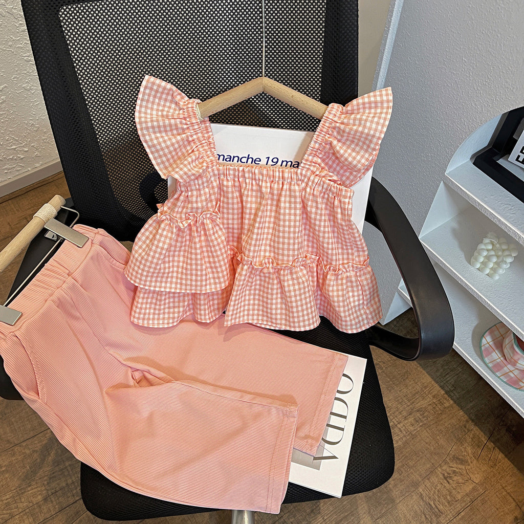 Korean Style Plaid Sling Doll Shirt Two-piece Pants