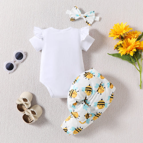 Baby Girl Letter Sunflower Print Bee Full Printed Trousers 3pc Set