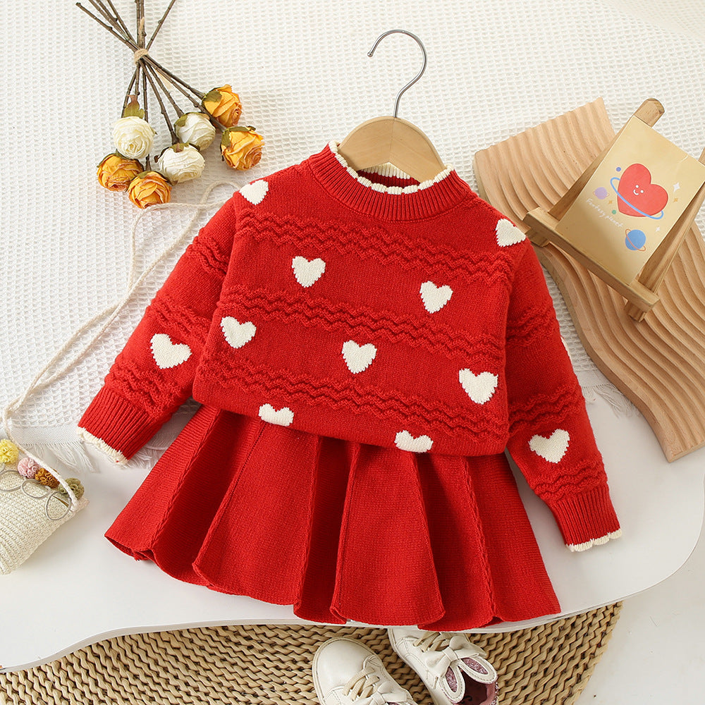 Girls' Round Neck Heart Sweater & Skirt 2pc Set