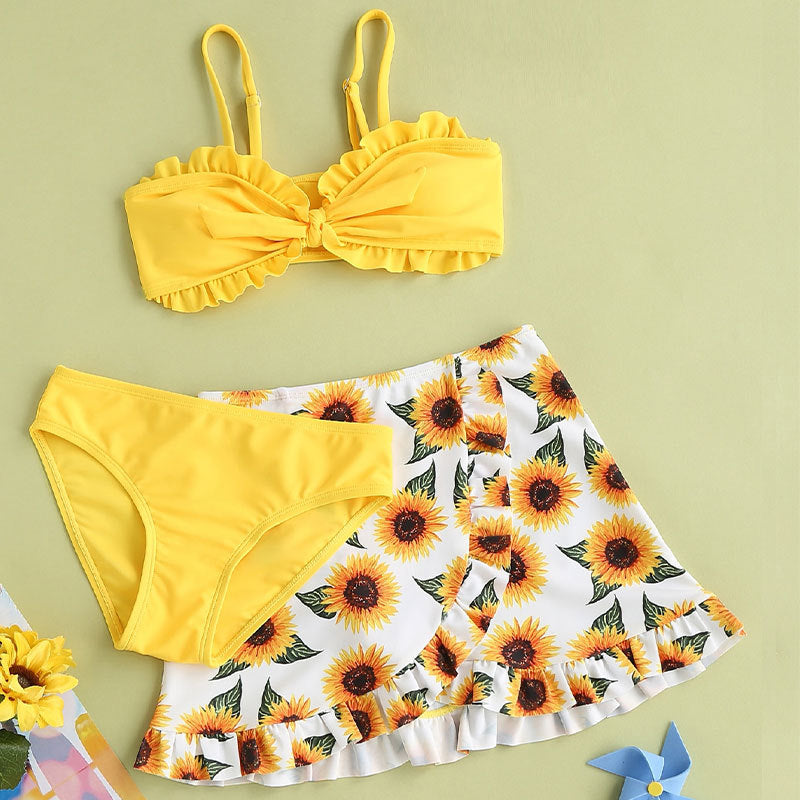 Girls' Sunflower Printed Swimsuit 3pc Set