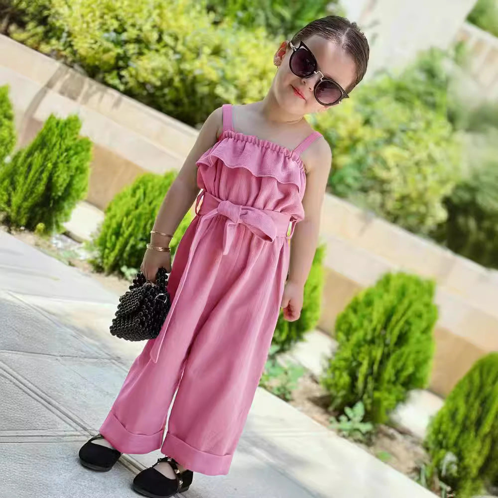 Girls' Solid Color Sleeveless Lace-up Waist Jumpsuit Wide-leg Pants