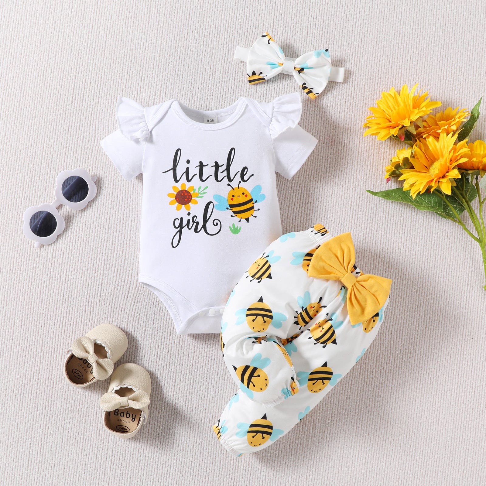 Baby Girl Letter Sunflower Print Bee Full Printed Trousers 3pc Set