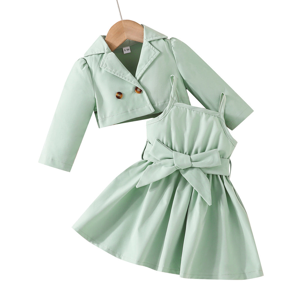 Baby/Toddler/Girl Jacket With Solid Color Sleeveless Dress 2pc Suit