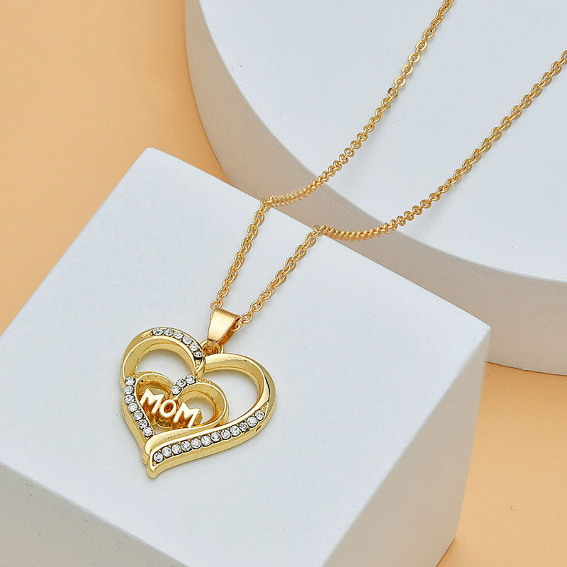 Mom Heart Shape With Diamond Letter Necklace, Gift For Mom