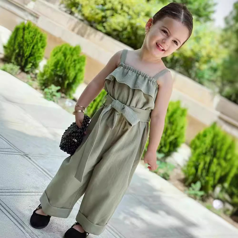 Girls' Solid Color Sleeveless Lace-up Waist Jumpsuit Wide-leg Pants