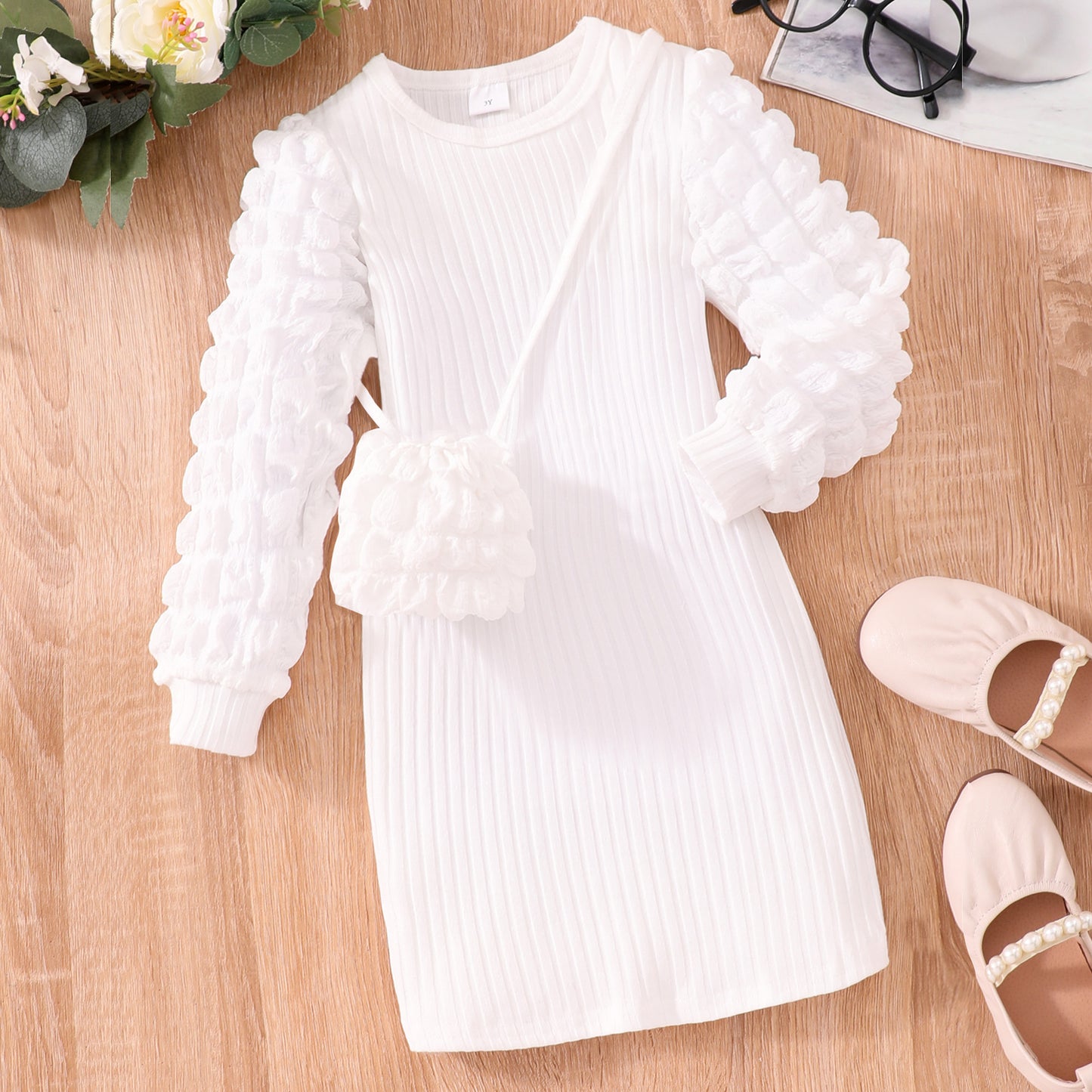 Girl Long-sleeved Bubble Sleeve Sunken Stripe Solid Color Dress