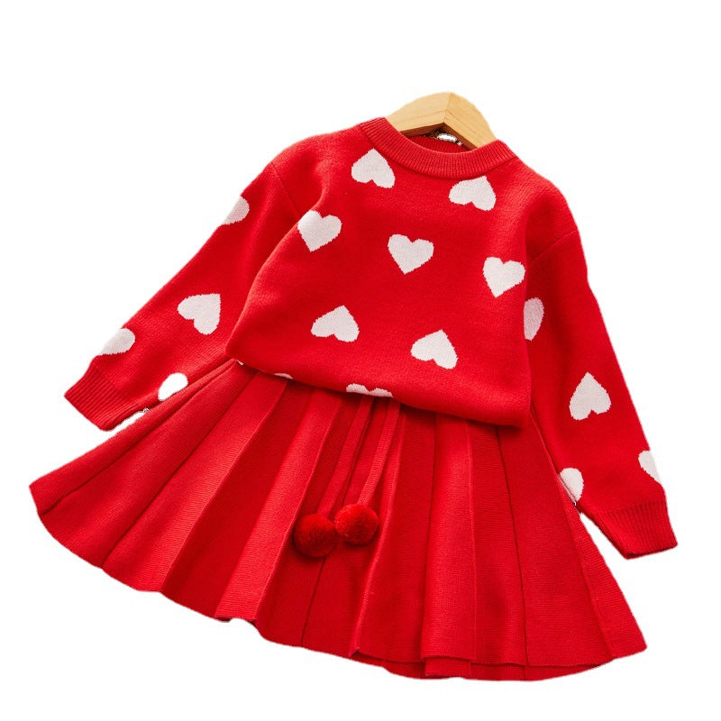 Girls' Love Sweater Pullover Pleated Skirt Set