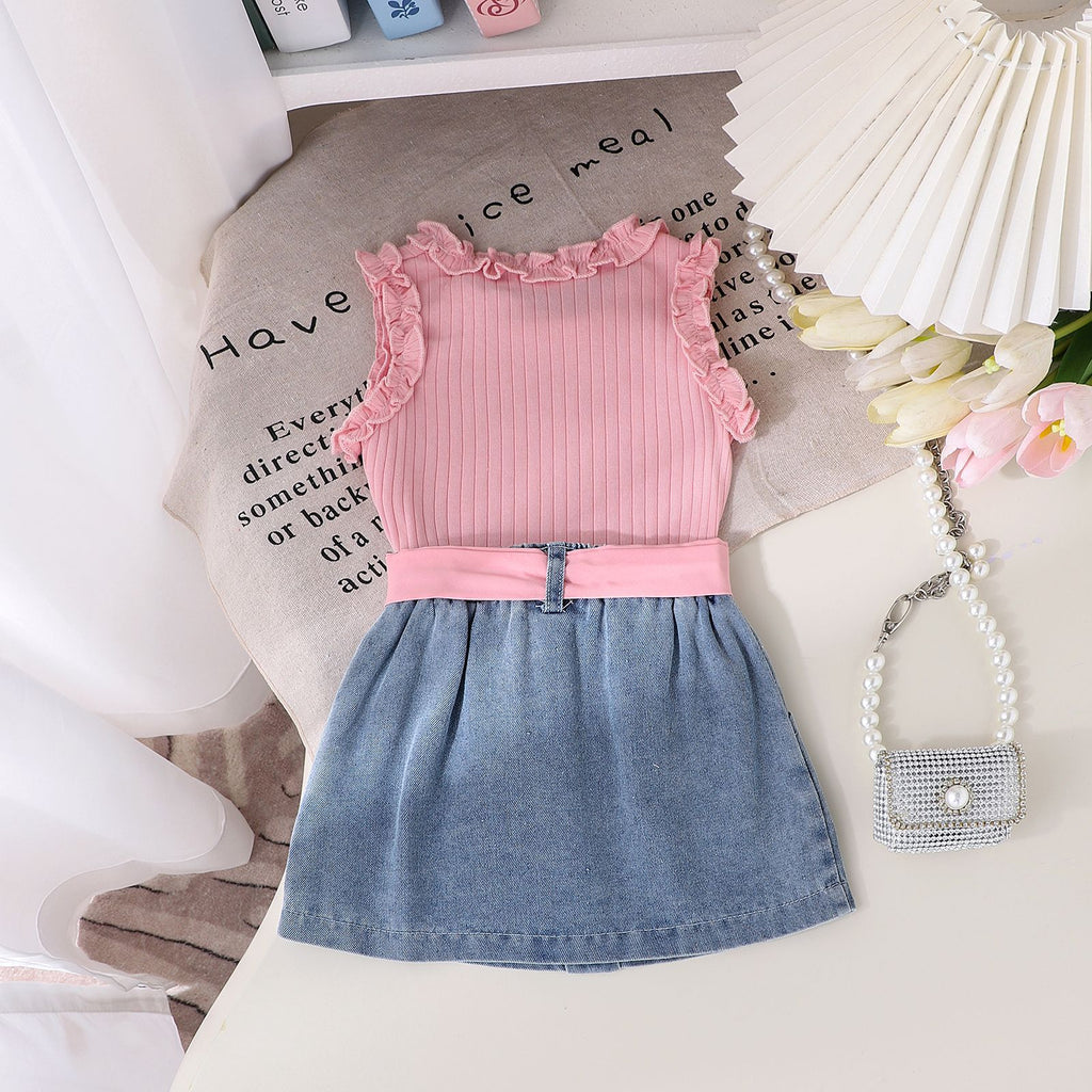 Girls' Summer Denim Skirt Belt Baby Toddler 3pc Set