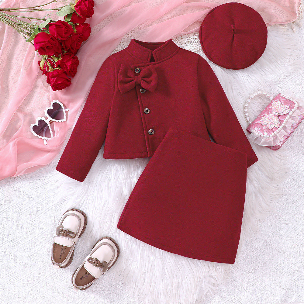 Girls' Red Woolen Bow Top Skirt 3pc Outfit