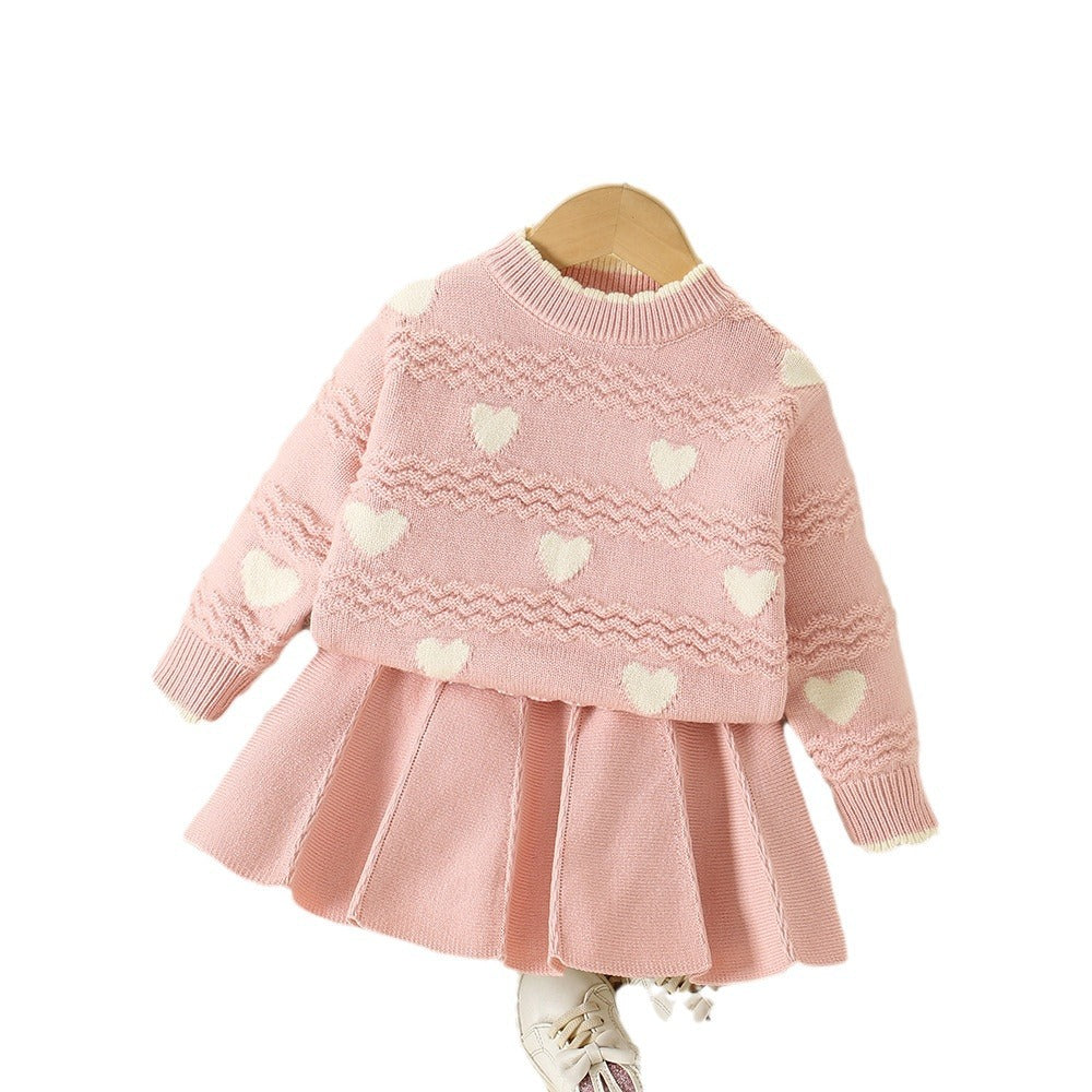 Girls' Round Neck Heart Sweater & Skirt 2pc Set