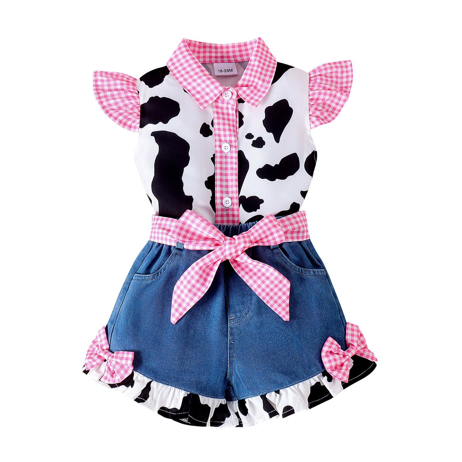 Flounced Sleeve Cow Print Top Denim Stitching Shorts Girls Suit