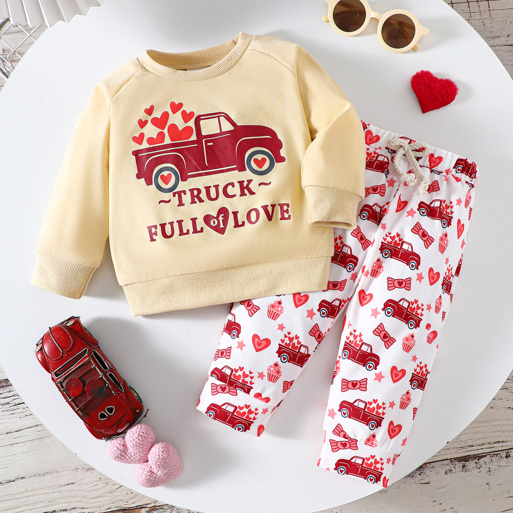 Long Sleeve Truck Letter Heart Printing 2PC Set