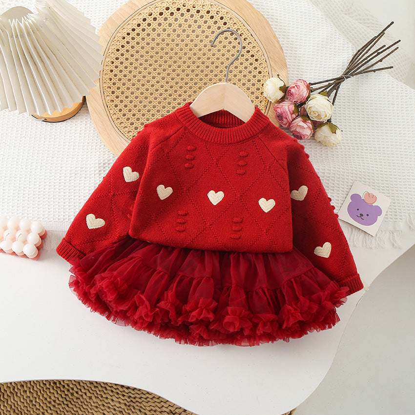 Girl's Sweater Love Embroidered Knitted Top & Skirt
